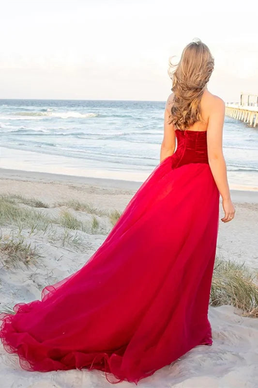 Vestidos formales para mujer, sin tirantes, de tul burdeos, vestido de fiesta de tul, top de terciopelo, escote en V / Tienda de vestidos de fiesta